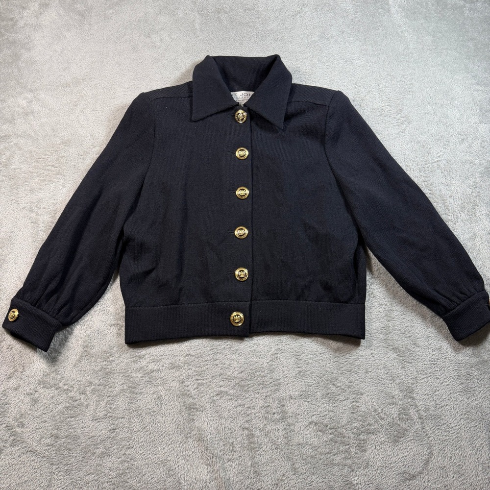 St John Collection Santana Knit Jacket Women Small Black Gold Button Quietluxury